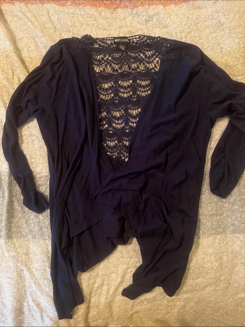 Wet Seal Navy Lace-Back Draped Cardigan
